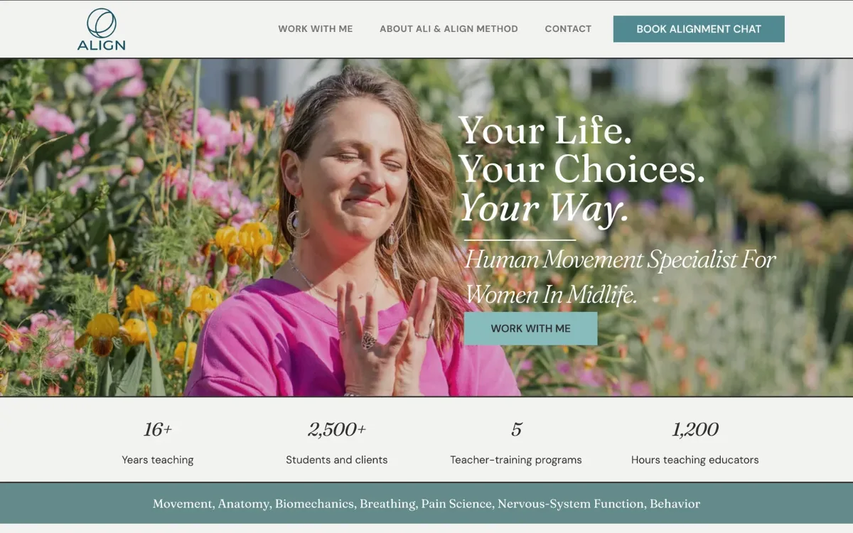 Align Yoga and Strength homepage with the headline Your Life. Your Choices. Your Way. beside a smiling woman among flowers