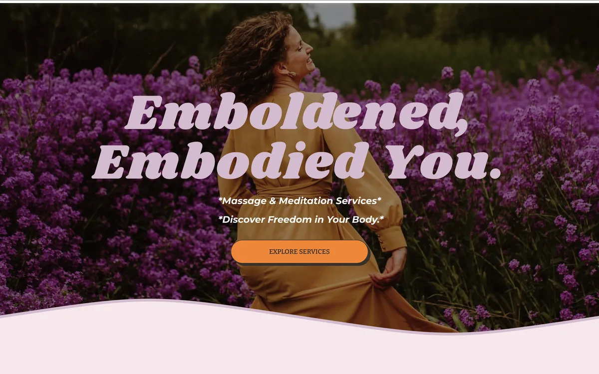 Melting Pot Bodyworks homepage with the headline Emboldened, Embodied You. over a woman in a golden dress dancing among purple flowers