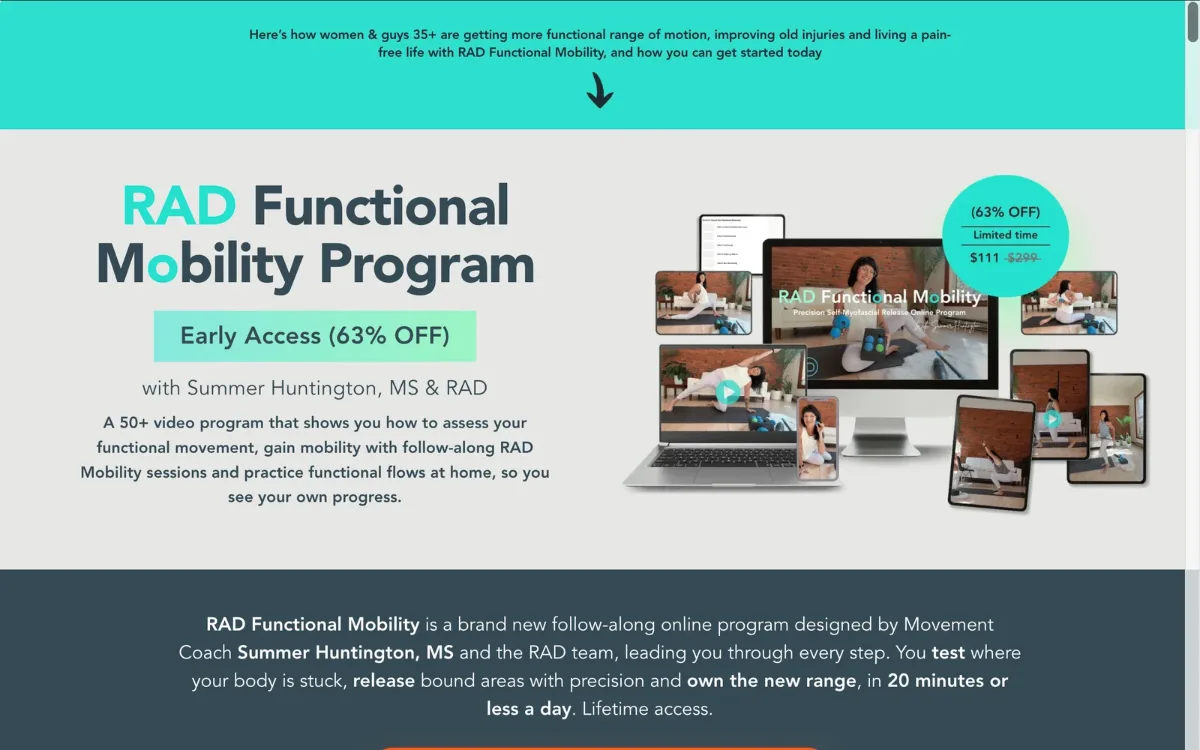 RAD Functional Mobility Program sales page with Summer Huntington, showing the 50+ video course on laptop, tablet and phone