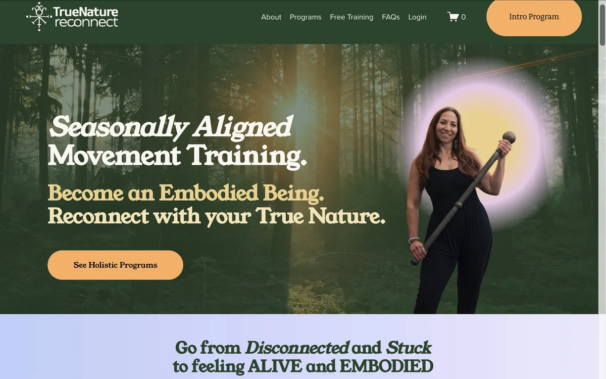 True Nature Reconnect homepage with the headline Seasonally Aligned Movement Training beside a smiling woman holding a steel mace in a forest