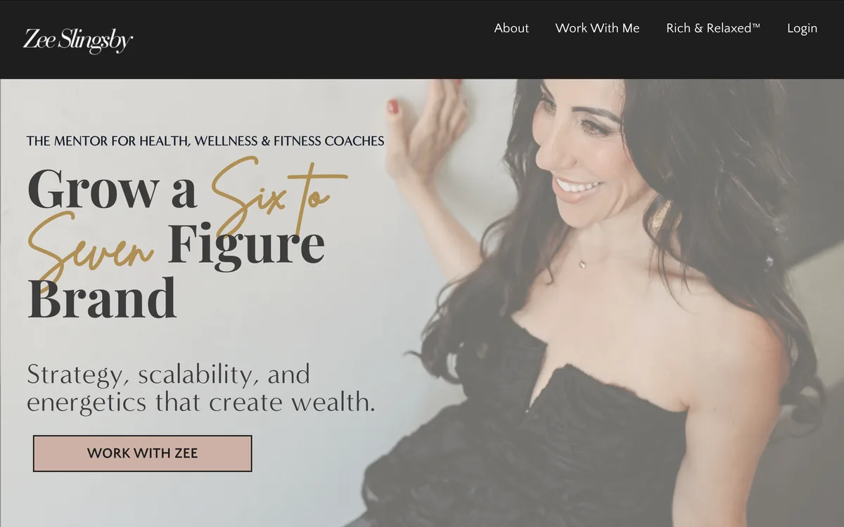 Zee Slingsby homepage with the headline Grow a Six to Seven Figure Brand beside a portrait of Zee