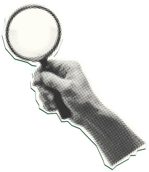 Halftone illustration of a hand holding a magnifying glass